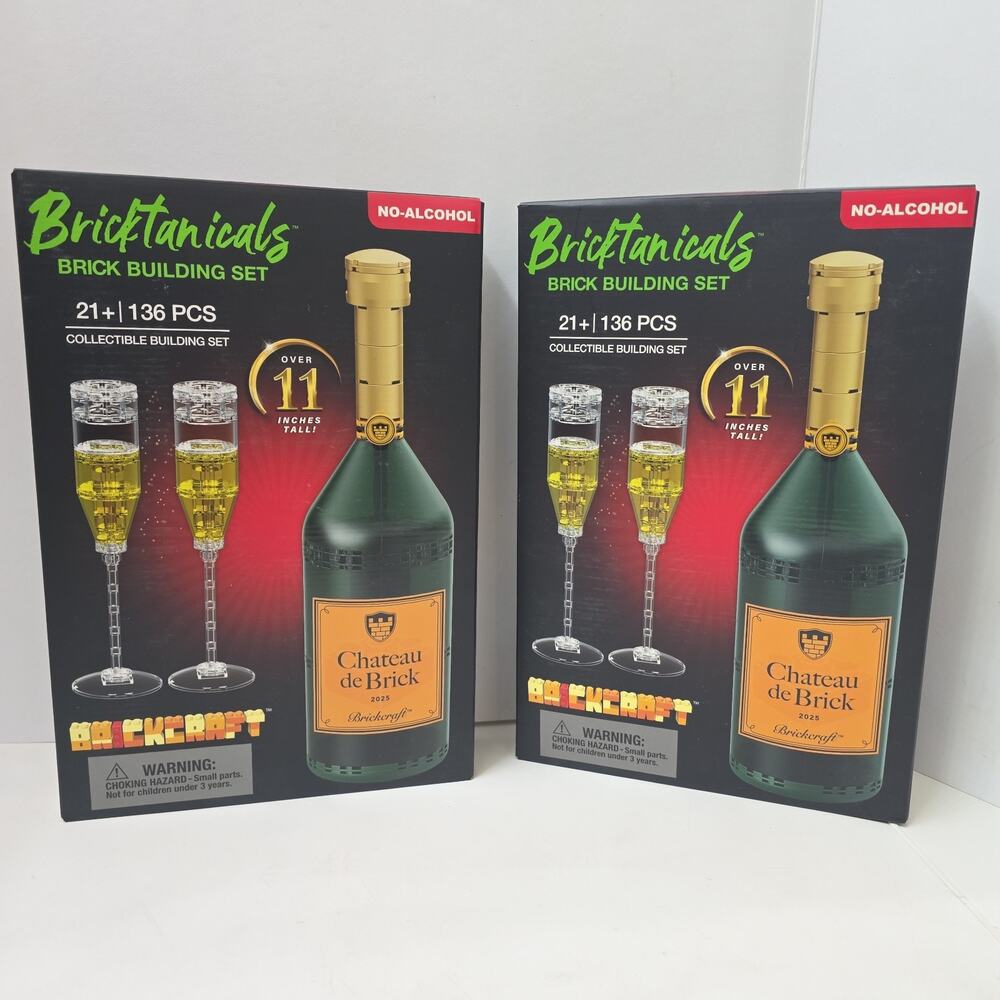 2 Brickcraft Chateau De Brick Bricktanicals 136 pc Bottle + Champagne Glasses